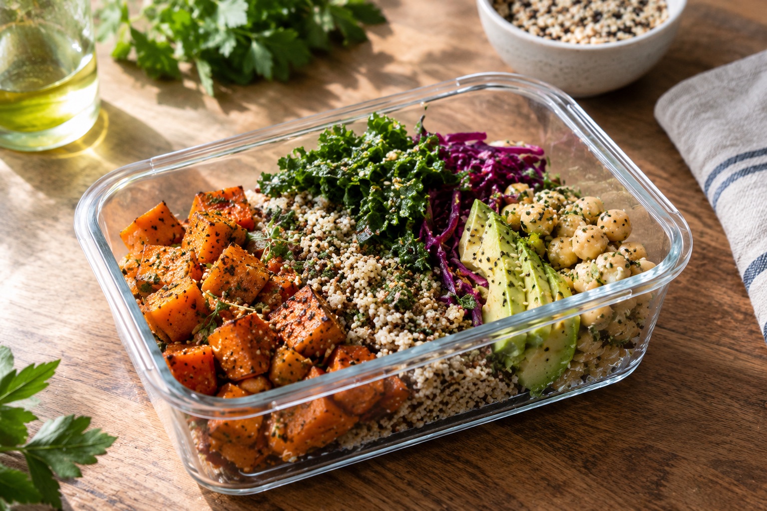 Bowl equilibrado con vegetales, granos y proteínas