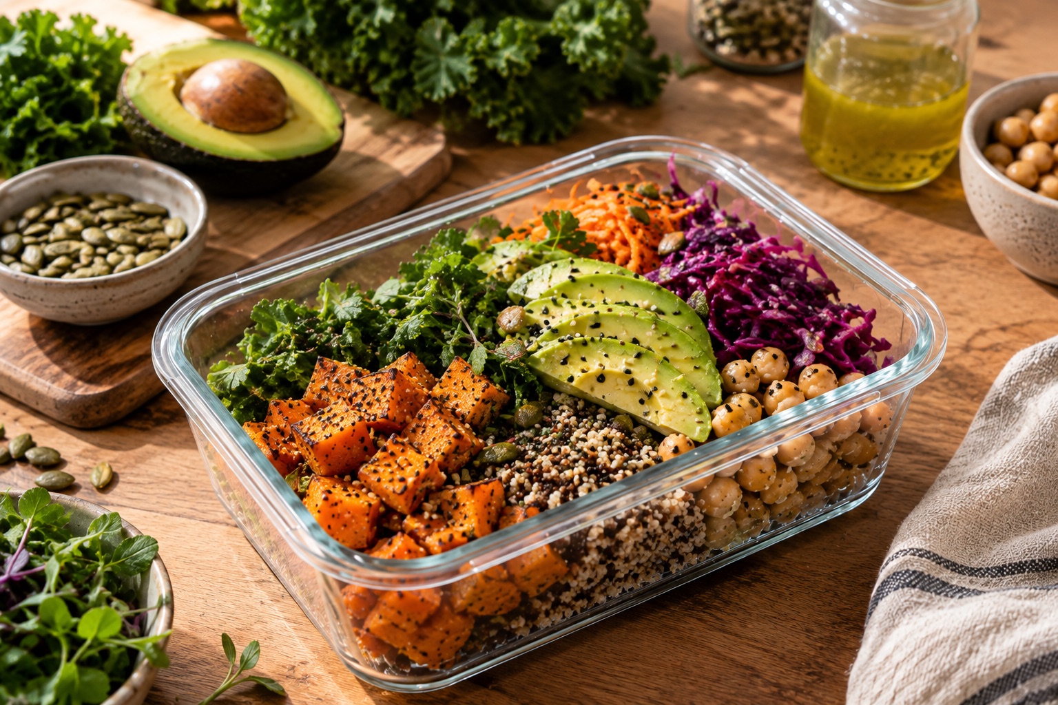 Bowl vegano colorido con vegetales y granos